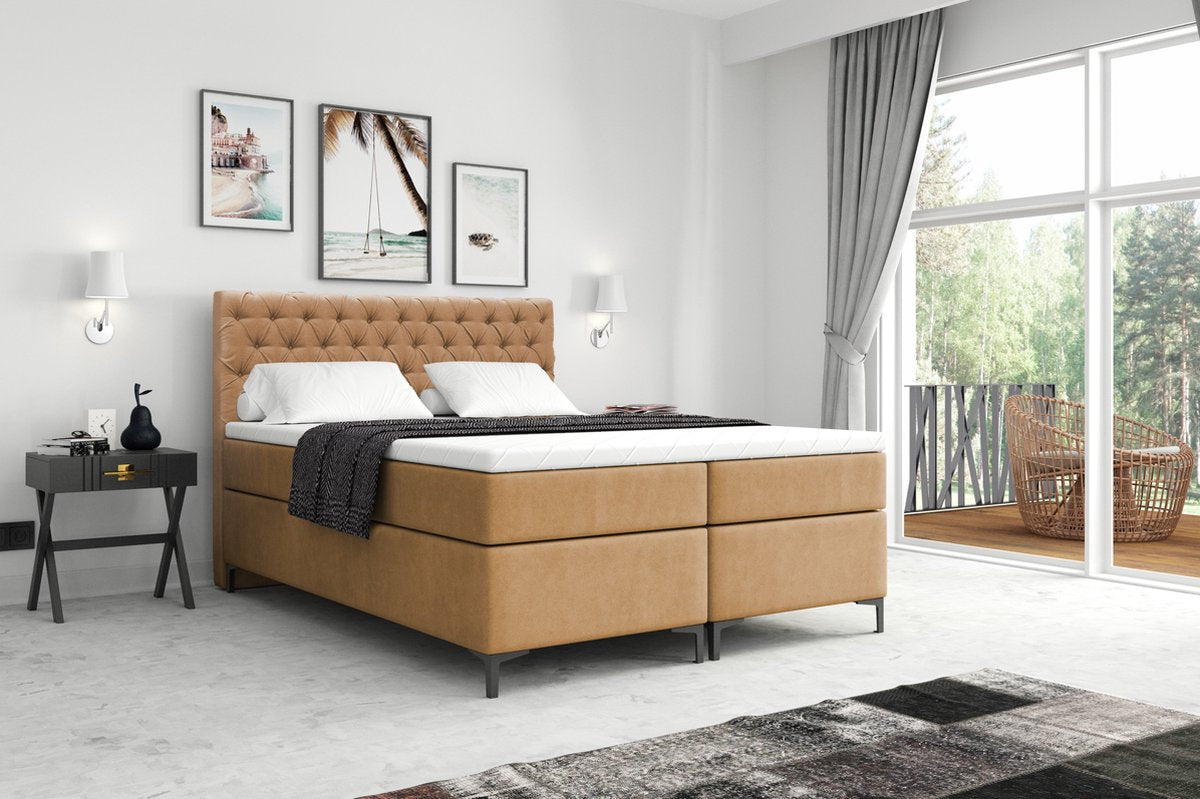Meuba Home - Florence Boxspring - Beige - 160x200 - Fluweel - Inclusief topper 8cm