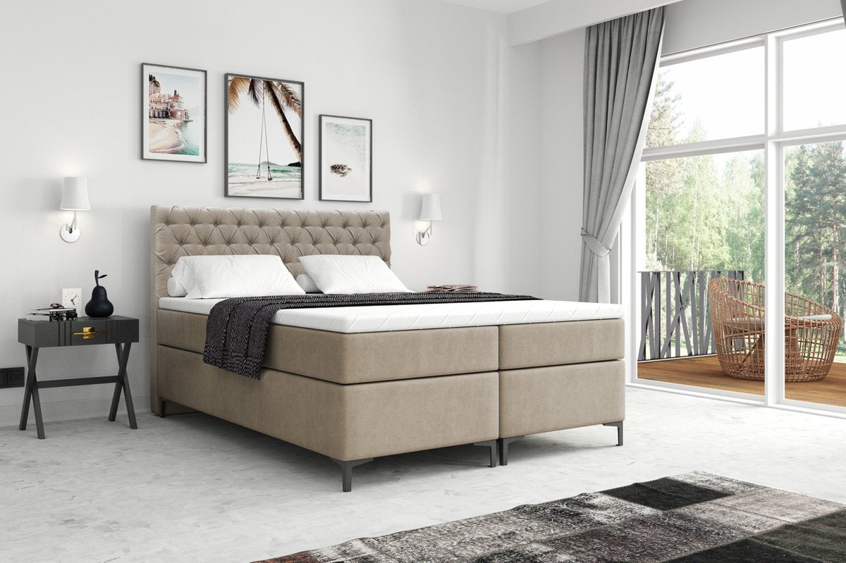 Meuba Home - Florence Boxspring - Taupe - 140x200 - Fluweel - Met topper 8cm