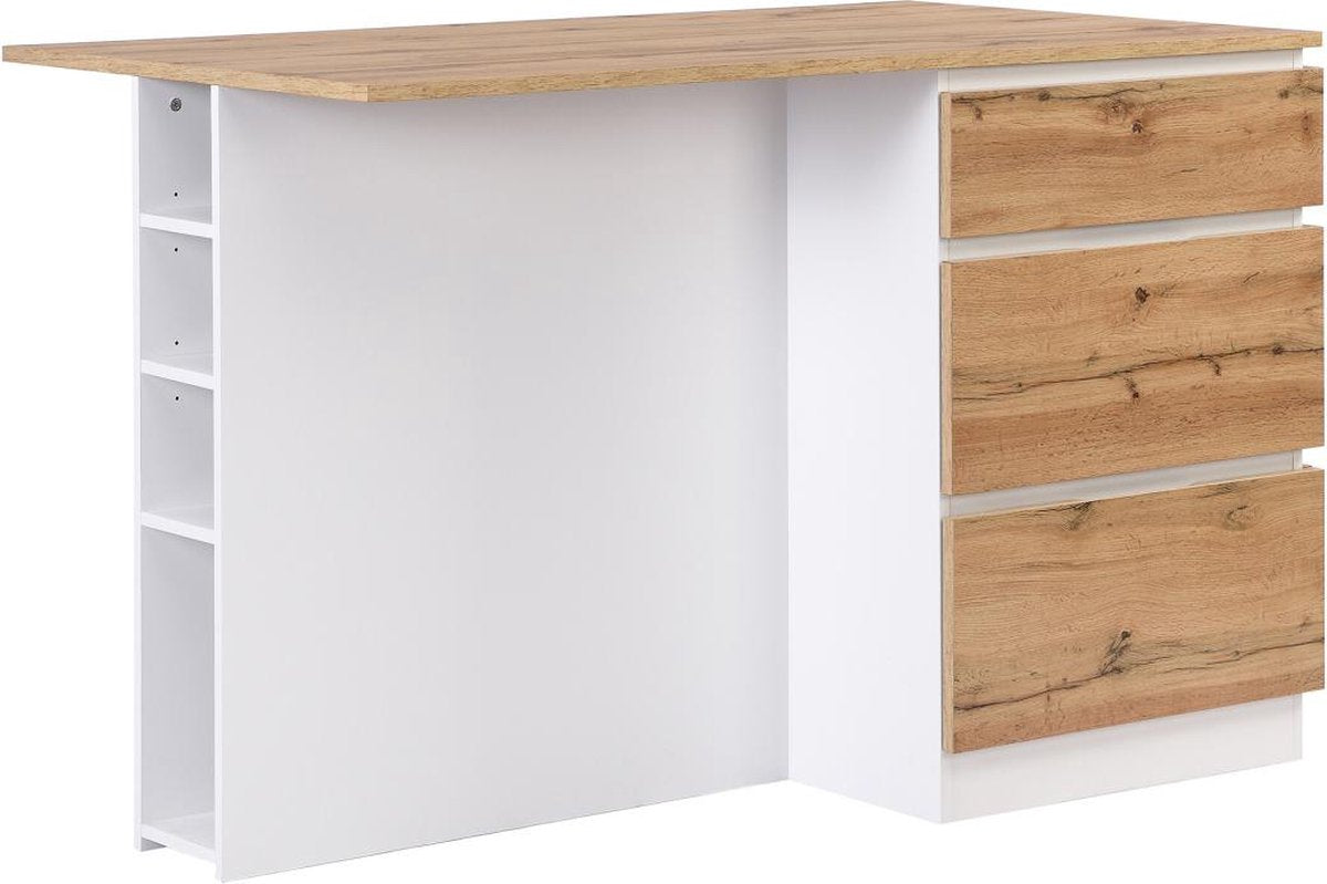 Vente-unique Centraal keukeneiland met 6 lades en 4 nissen van mdf - Licht naturel en wit - POMARELA L 140 cm x H 91 cm x D 80 cm