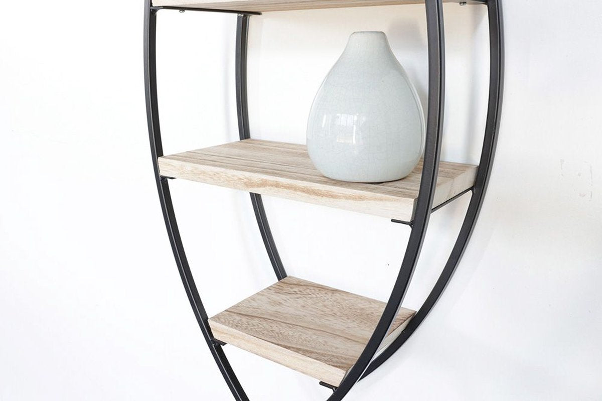 Black Metal Oval Wall Rack with 4 Wooden Shelves - 26x60x12 cm