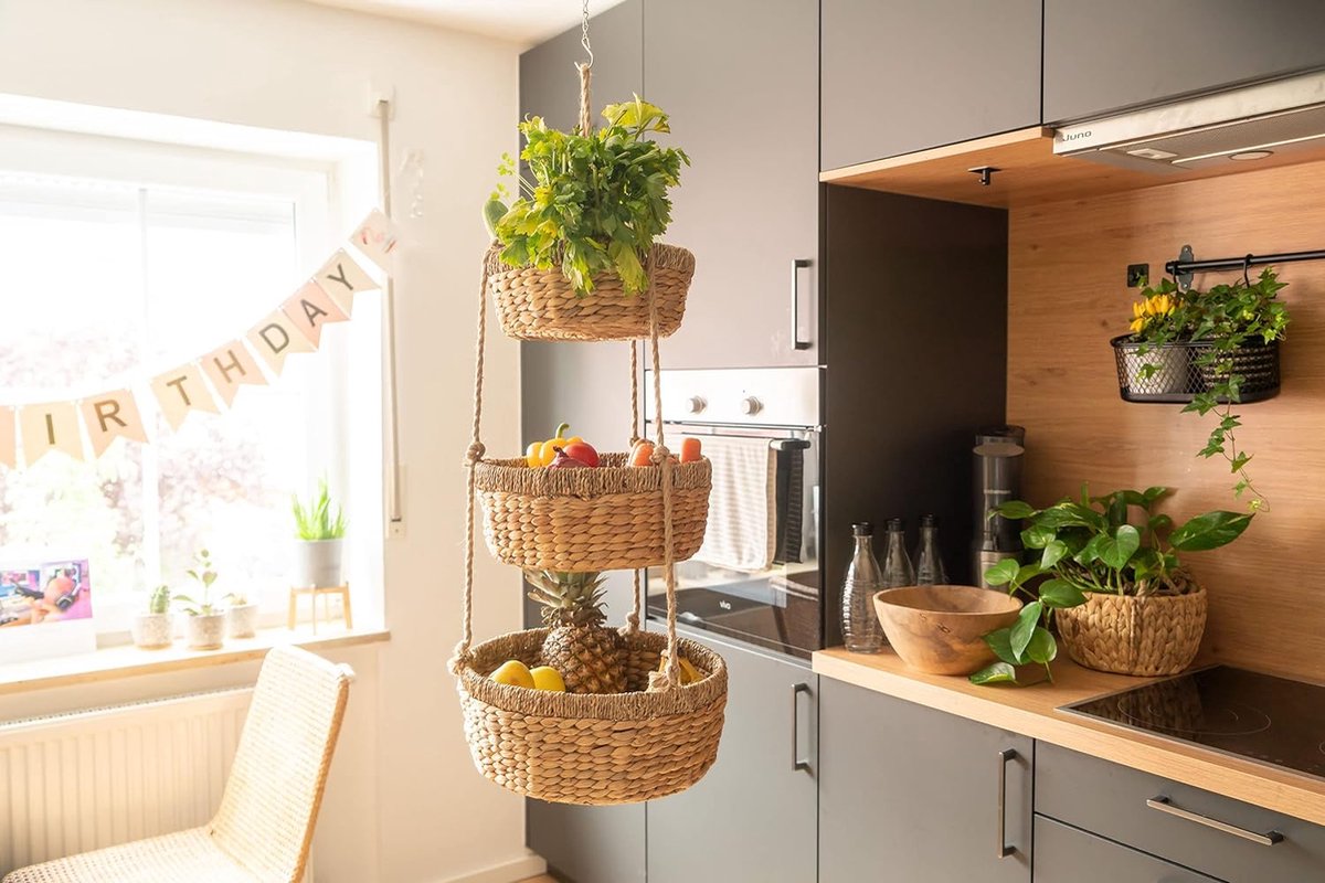 Hangende Fruitmand XXL - Etagère met 3 Manden van Waterhyacint - Fruitrek voor het bewaren van Groenten en Fruit