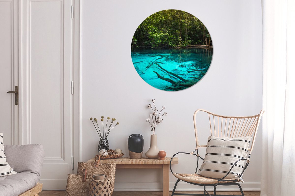 WallCircle - Wandcirkel ⌀ 90 - Helderblauw meer in de jungle - Ronde schilderijen woonkamer - Wandbord rond - Muurdecoratie cirkel - Kamer decoratie binnen - Wanddecoratie muurcirkel - Woonaccessoires