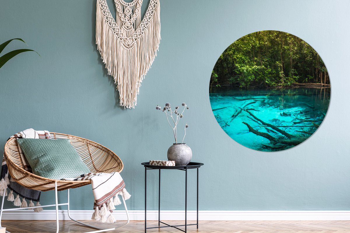 WallCircle - Wandcirkel ⌀ 90 - Helderblauw meer in de jungle - Ronde schilderijen woonkamer - Wandbord rond - Muurdecoratie cirkel - Kamer decoratie binnen - Wanddecoratie muurcirkel - Woonaccessoires