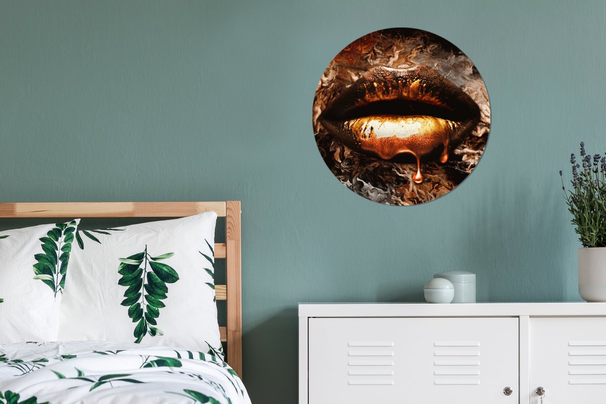 WallCircle - Wandcirkel 60x60 - Goud - Lippen - Kunst - Goud - Luxe - Abstract - Ronde schilderijen woonkamer - Wandbord rond - Muurdecoratie cirkel - Kamer decoratie binnen - Wanddecoratie muurcirkel - Woonaccessoires