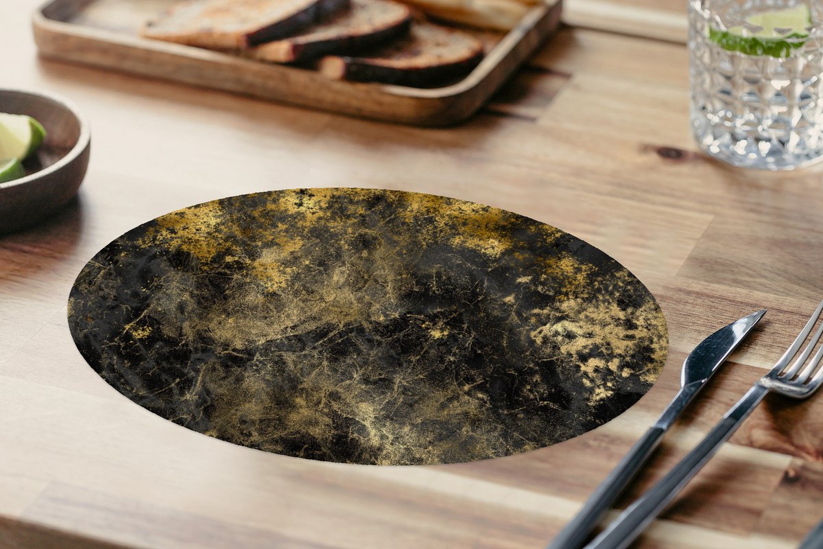 Placemats ovaal - Onderleggers - Ovale placemats - Goud - Zwart - Abstract - 6 stuks