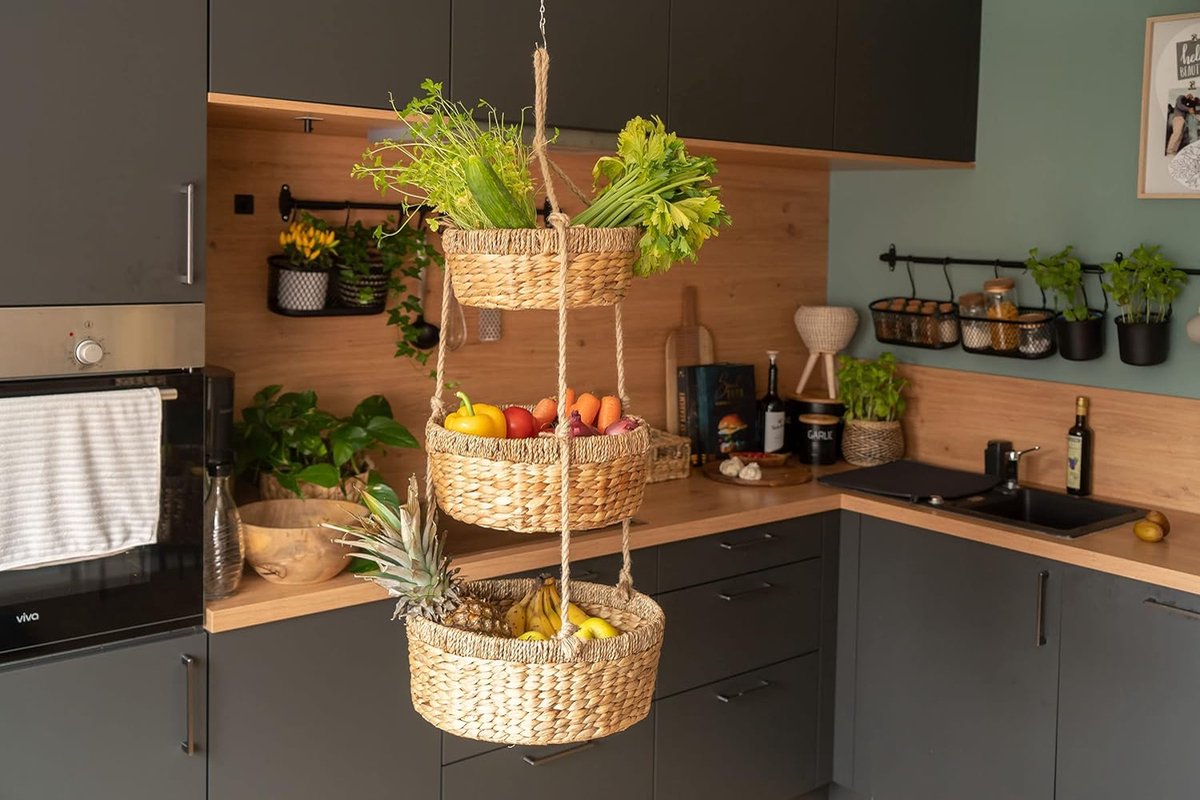 Hangende Fruitmand XXL - Etagère met 3 Manden van Waterhyacint - Fruitrek voor het bewaren van Groenten en Fruit