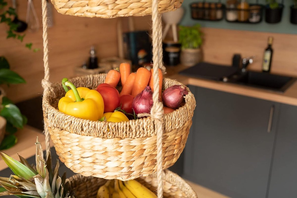 Hangende Fruitmand XXL - Etagère met 3 Manden van Waterhyacint - Fruitrek voor het bewaren van Groenten en Fruit