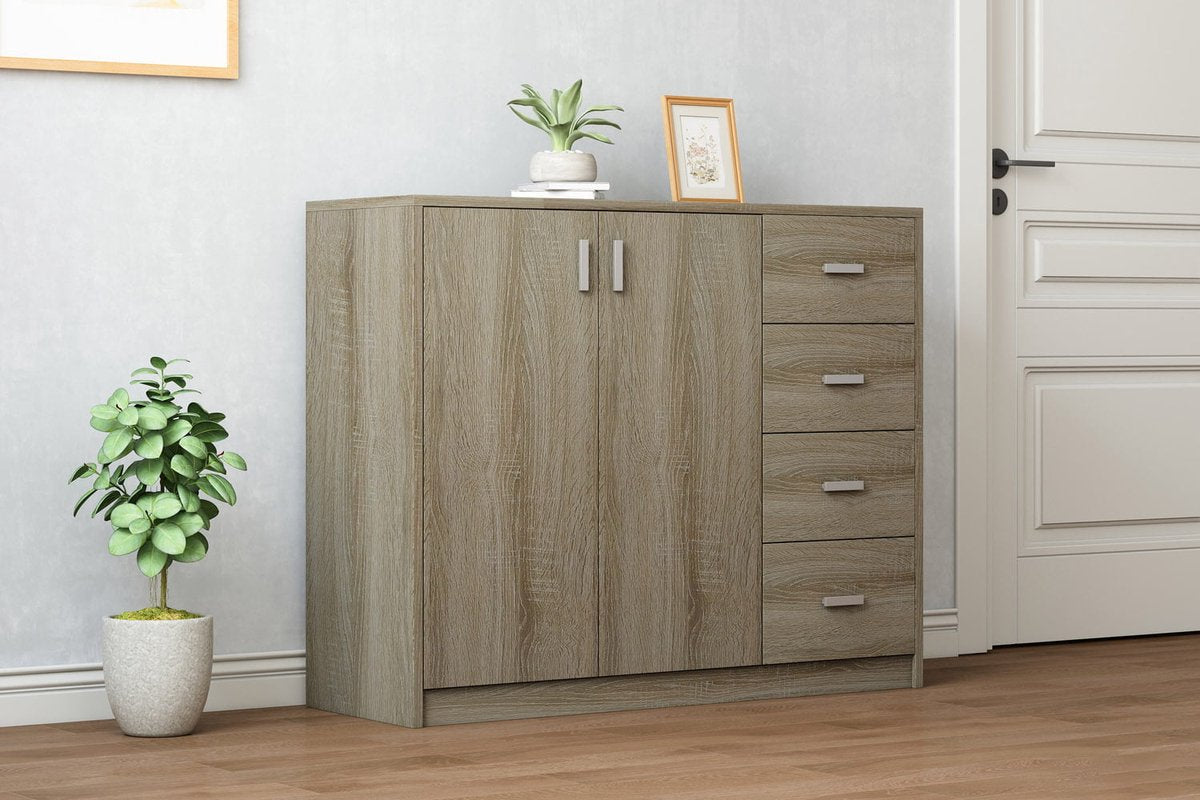 Low-density cabinet Edwin Sonoma - Width 106 cm - Height 84 cm - Depth 36 cm - With drawers - With shelves - With hinged doors