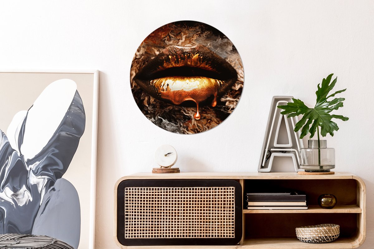 WallCircle - Wandcirkel 60x60 - Goud - Lippen - Kunst - Goud - Luxe - Abstract - Ronde schilderijen woonkamer - Wandbord rond - Muurdecoratie cirkel - Kamer decoratie binnen - Wanddecoratie muurcirkel - Woonaccessoires