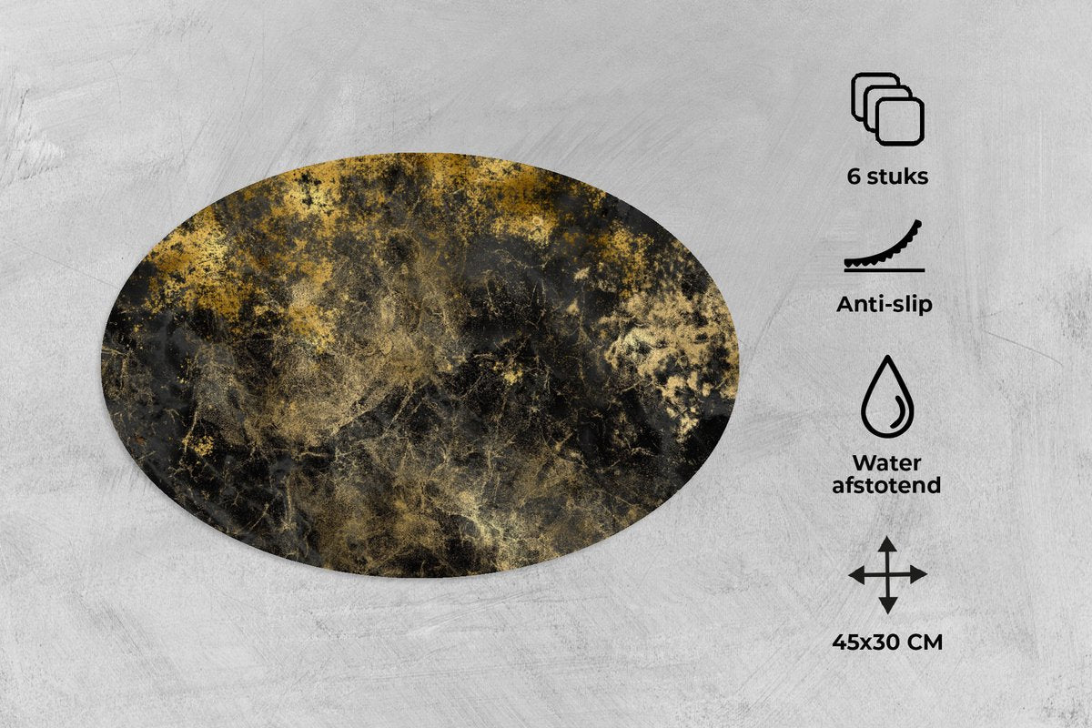 Placemats ovaal - Onderleggers - Ovale placemats - Goud - Zwart - Abstract - 6 stuks