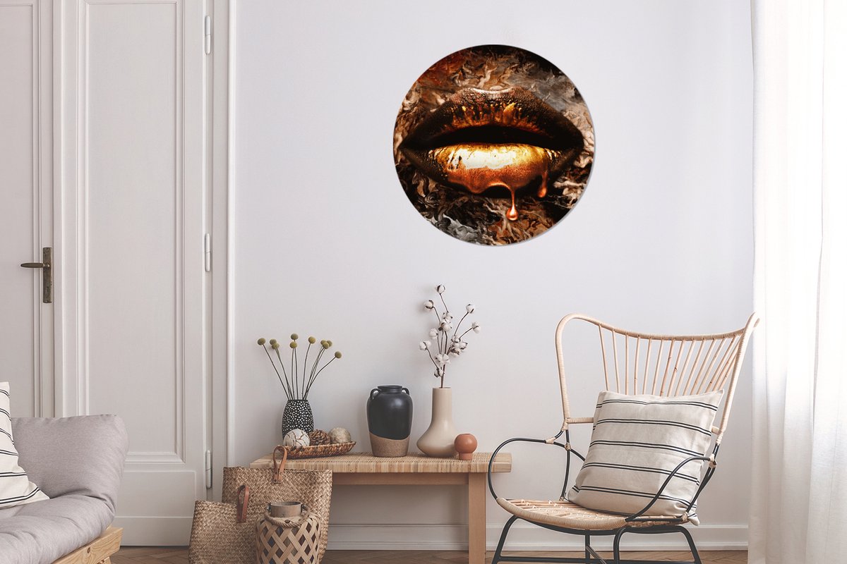 WallCircle - Wandcirkel 60x60 - Goud - Lippen - Kunst - Goud - Luxe - Abstract - Ronde schilderijen woonkamer - Wandbord rond - Muurdecoratie cirkel - Kamer decoratie binnen - Wanddecoratie muurcirkel - Woonaccessoires