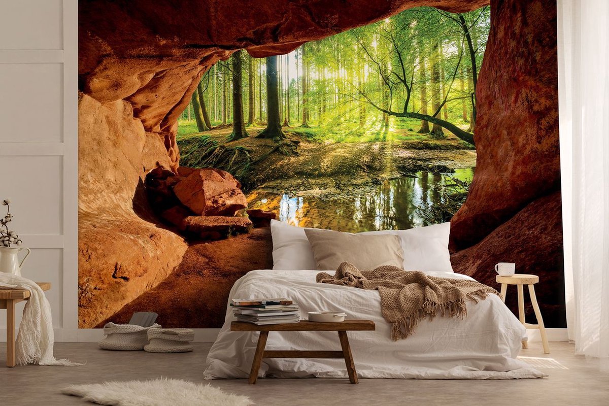 Fotobehang - Vliesbehang - 3D Uitzicht vanuit de Grot op het Bos - 368 x 280 cm