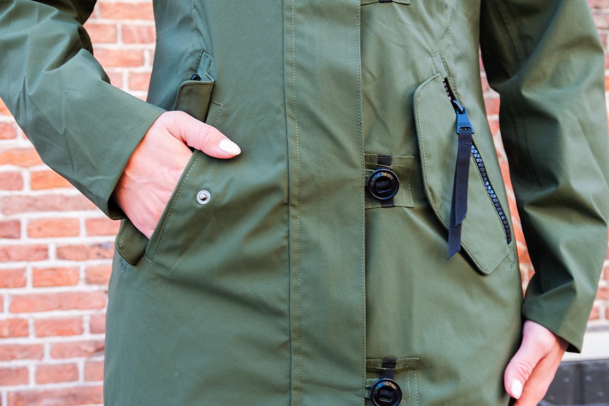 Long women's in-between jacket - Water-repellent & tailored - Army green - Size 44