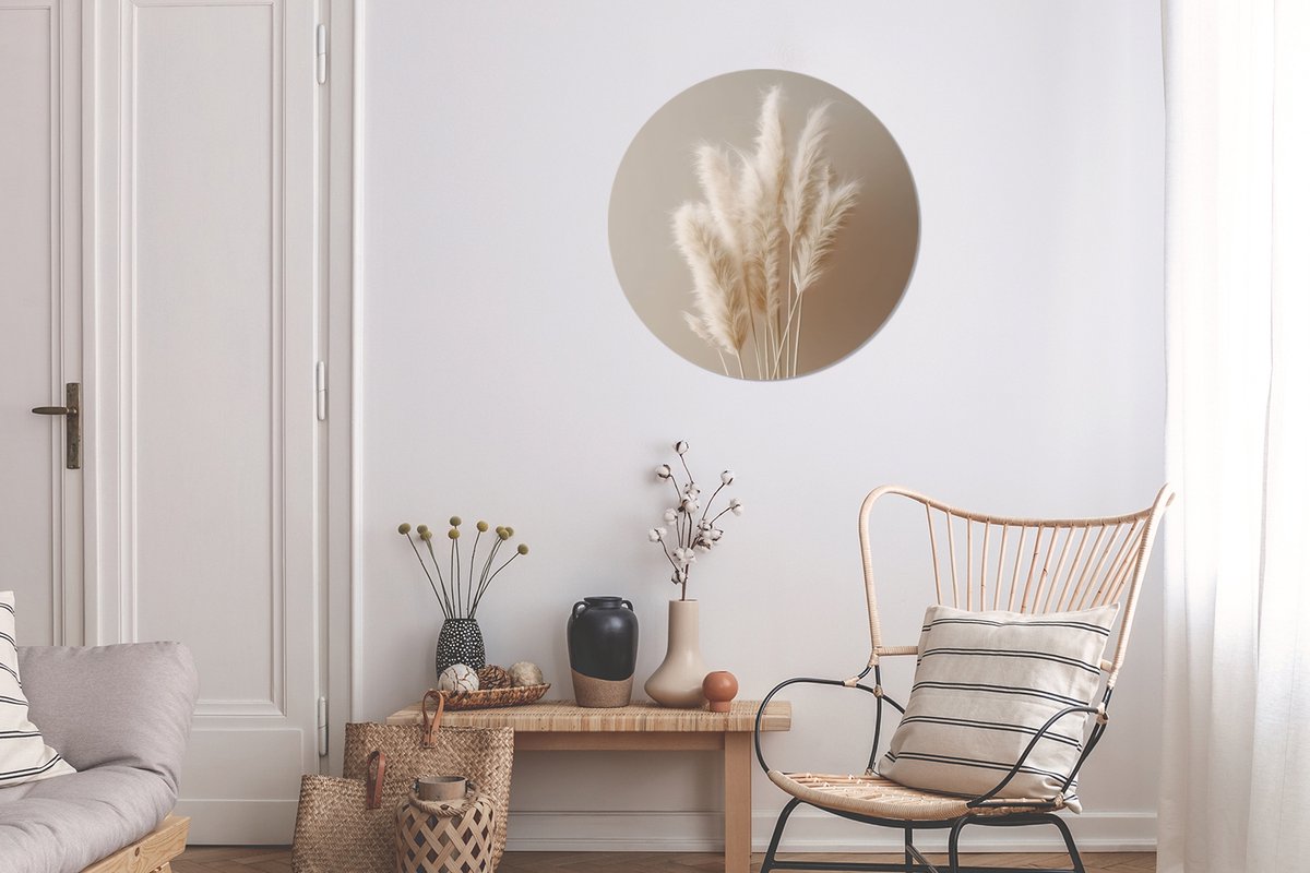 WallCircle® Wandcirkel 60x60 cm - Muurcirkel Pampasgras - Pluimen - Planten - Pastel - Aardtonen - Muurdecoratie cirkel woonkamer - Wanddecoratie slaapkamer - Kamer decoratie accessoires - Ronde schilderijen binnen - Woonaccessoires