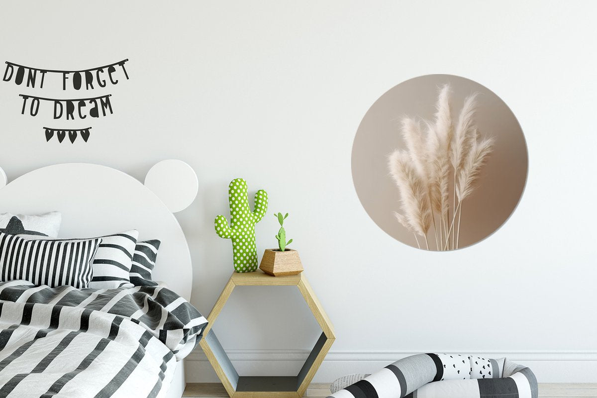 WallCircle® Wandcirkel 60x60 cm - Muurcirkel Pampasgras - Pluimen - Planten - Pastel - Aardtonen - Muurdecoratie cirkel woonkamer - Wanddecoratie slaapkamer - Kamer decoratie accessoires - Ronde schilderijen binnen - Woonaccessoires