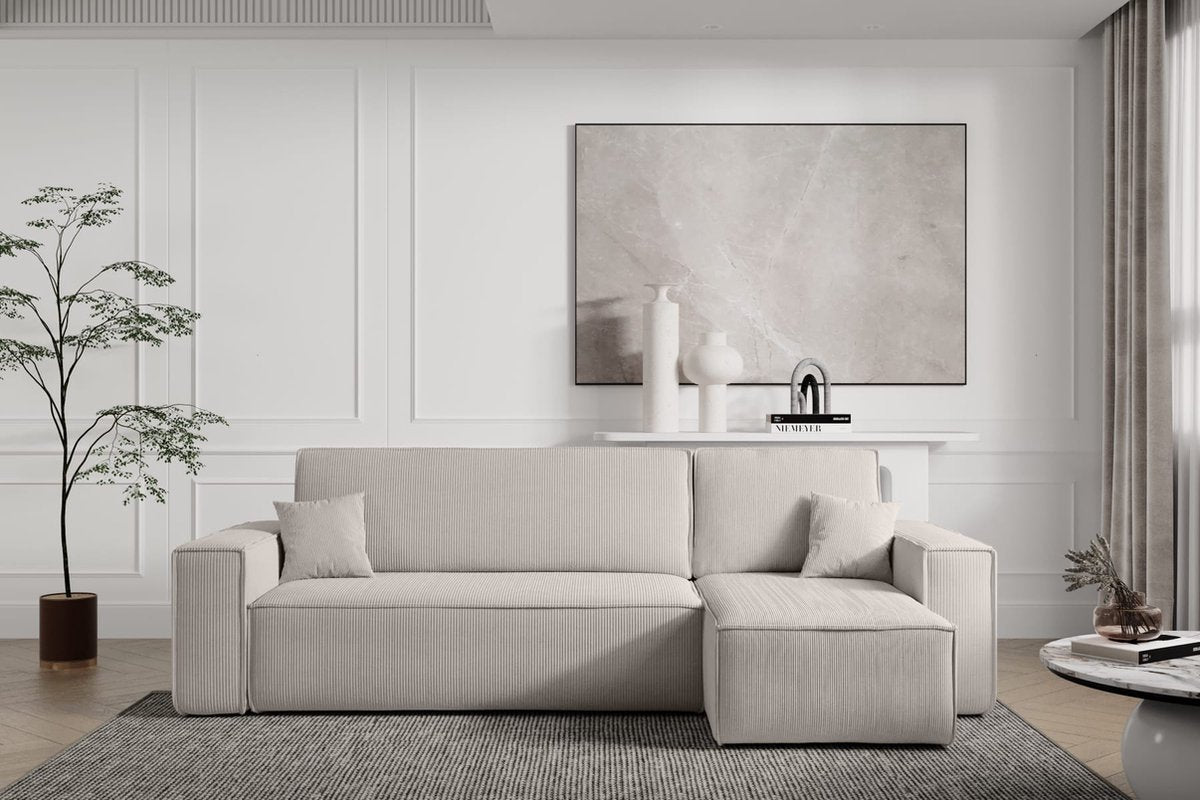 Hoekbank Carlos Beige - Hoeksalon Met Bed en Opbergruimte Corduroy Ribstof - Karl hoekzetel Universele lounge links of rechts
