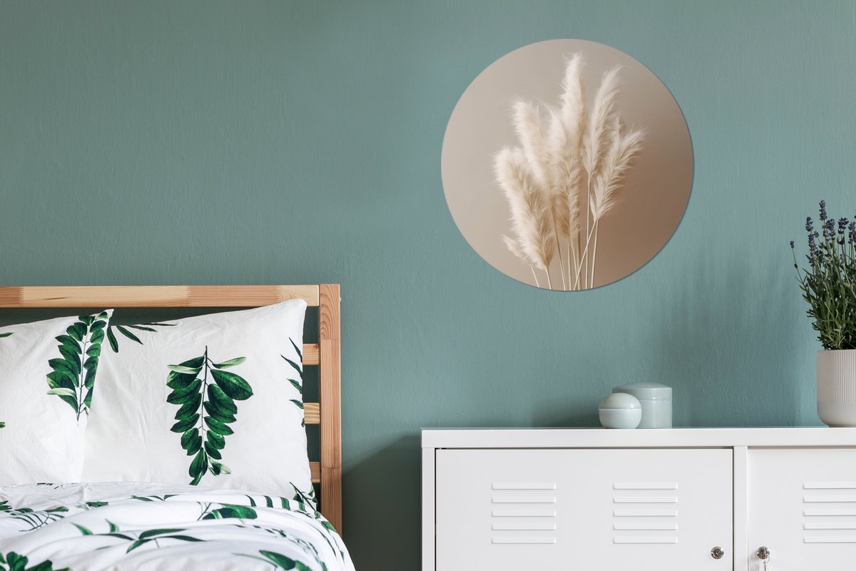 WallCircle® Wandcirkel 60x60 cm - Muurcirkel Pampasgras - Pluimen - Planten - Pastel - Aardtonen - Muurdecoratie cirkel woonkamer - Wanddecoratie slaapkamer - Kamer decoratie accessoires - Ronde schilderijen binnen - Woonaccessoires