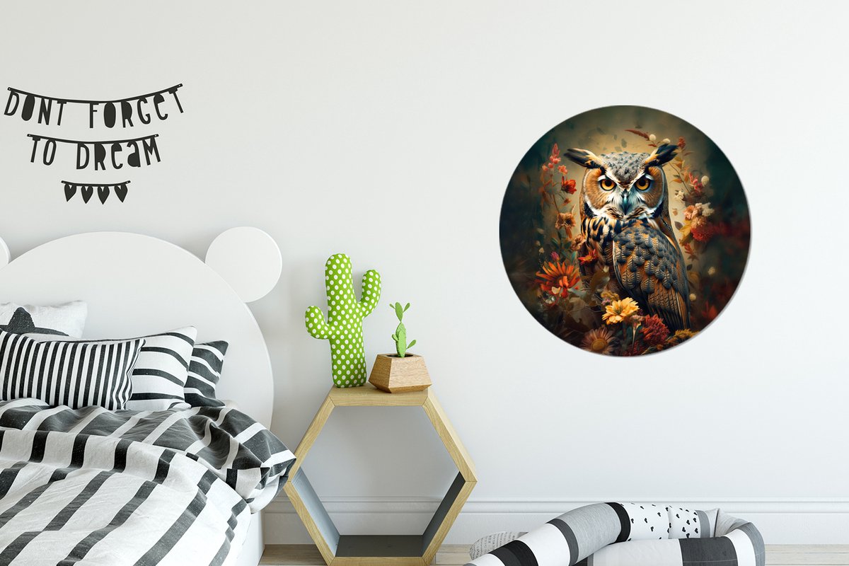 WallCircle® Muurcirkel 60x60 cm - Wandcirkel Uil - Vogel - Bloemen - Planten - Dieren - Botanisch - Muurdecoratie woonkamer - Wanddecoratie slaapkamer - Kamer decoratie accessoires - Ronde schilderijen - Woonaccessoires cirkel binnen