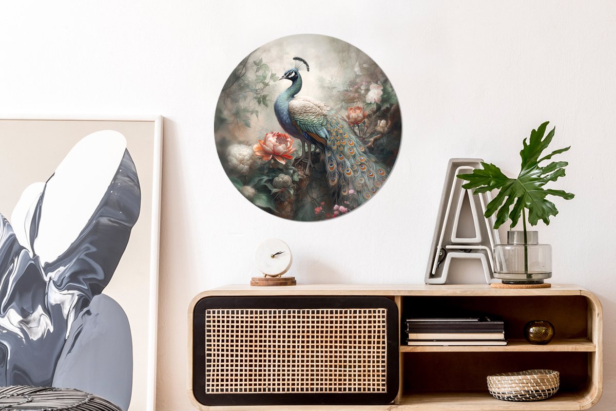 WallCircle® Wandcirkel 60x60 cm - Muurcirkel Pauw - Pauwenveren - Vogel - Bos - Jungle - Bloemen - Muurdecoratie woonkamer - Wanddecoratie slaapkamer - Kamer decoratie accessoires - Ronde schilderijen - Woonaccessoires cirkel binnen