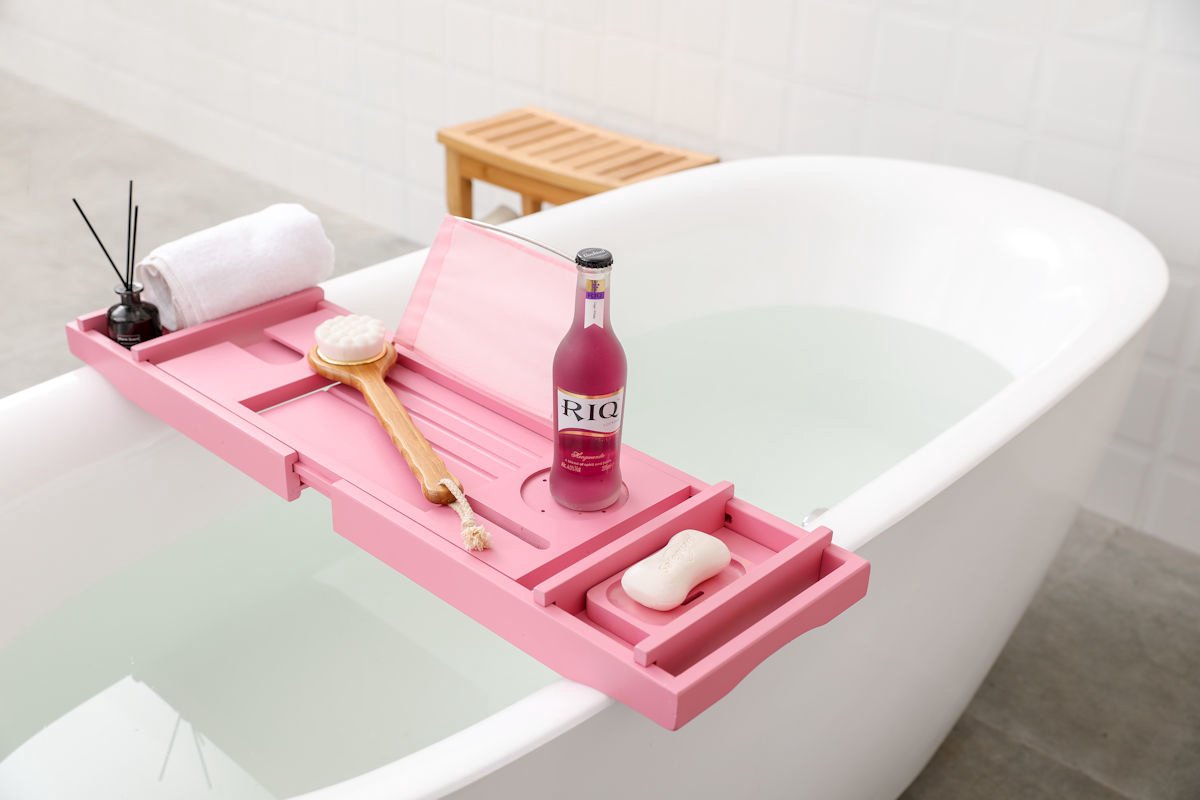 Decopatent® Badplank - Uitschuifbaar 75 -> 110 Cm - Verstelbaar Bamboe Badrekje voor in bad - Boekenhouder - Tablethouder - Roze