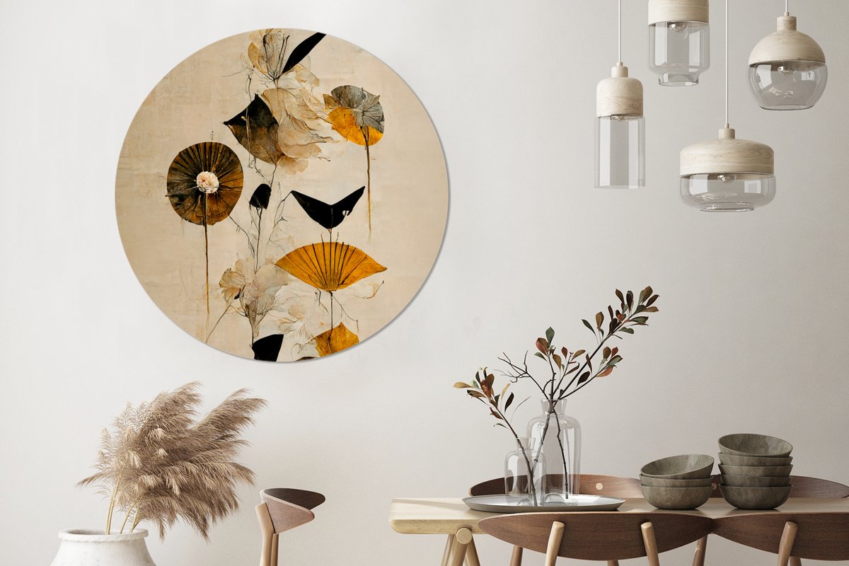 WallCircle - Wandcirkel - Muurcirkel - Bloemen - Vintage - Planten - Goud - Aluminium - Dibond - âŒ€ 140 cm - Binnen en Buiten