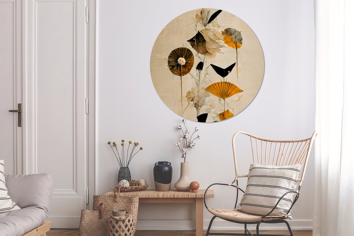 WallCircle - Wandcirkel - Muurcirkel - Bloemen - Vintage - Planten - Goud - Aluminium - Dibond - âŒ€ 140 cm - Binnen en Buiten