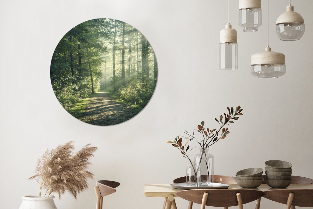 WallCircle - Wandcirkel 90x90 - Bos - Pad - Zon - Bomen - Groen - Natuur - Ronde schilderijen woonkamer - Wandbord rond - Muurdecoratie cirkel - Kamer decoratie binnen - Wanddecoratie muurcirkel - Woonaccessoires