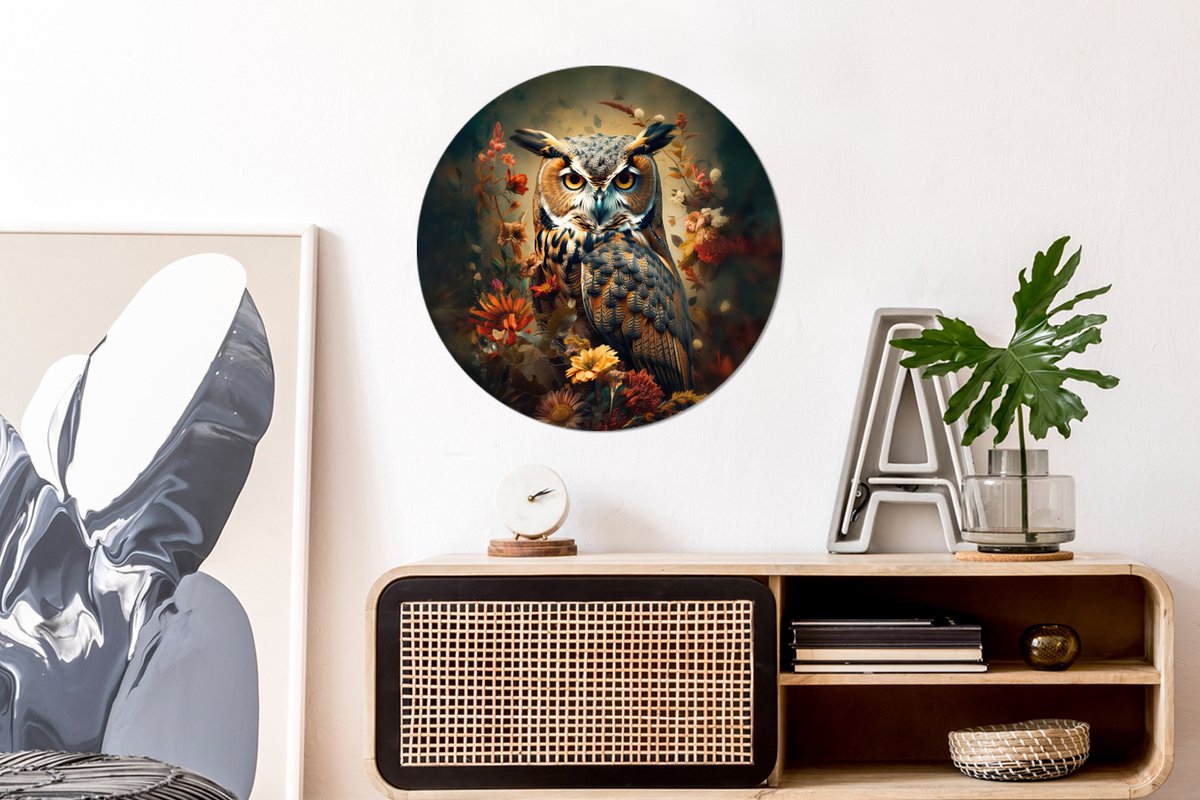WallCircle® Muurcirkel 60x60 cm - Wandcirkel Uil - Vogel - Bloemen - Planten - Dieren - Botanisch - Muurdecoratie woonkamer - Wanddecoratie slaapkamer - Kamer decoratie accessoires - Ronde schilderijen - Woonaccessoires cirkel binnen