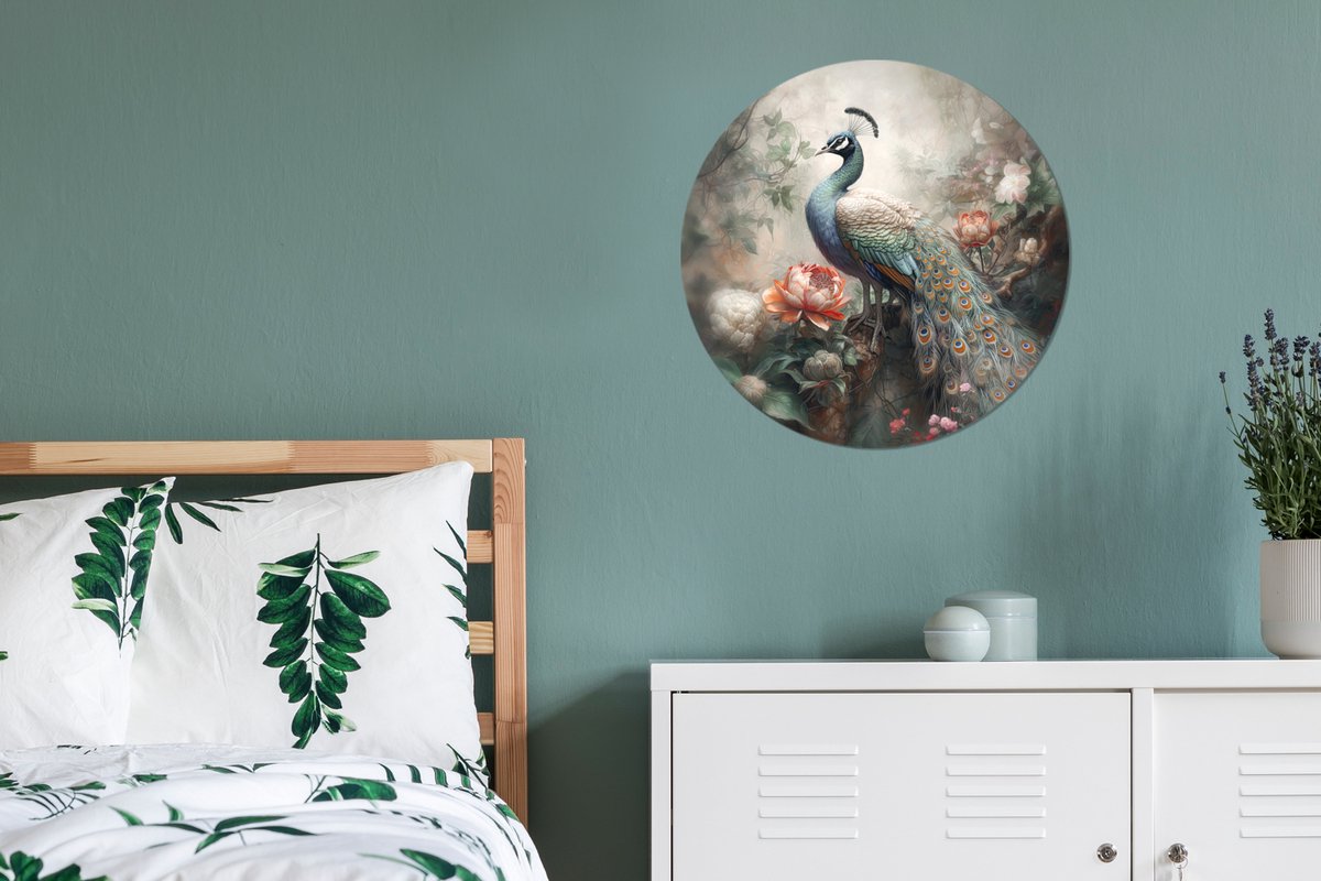 WallCircle® Wandcirkel 60x60 cm - Muurcirkel Pauw - Pauwenveren - Vogel - Bos - Jungle - Bloemen - Muurdecoratie woonkamer - Wanddecoratie slaapkamer - Kamer decoratie accessoires - Ronde schilderijen - Woonaccessoires cirkel binnen