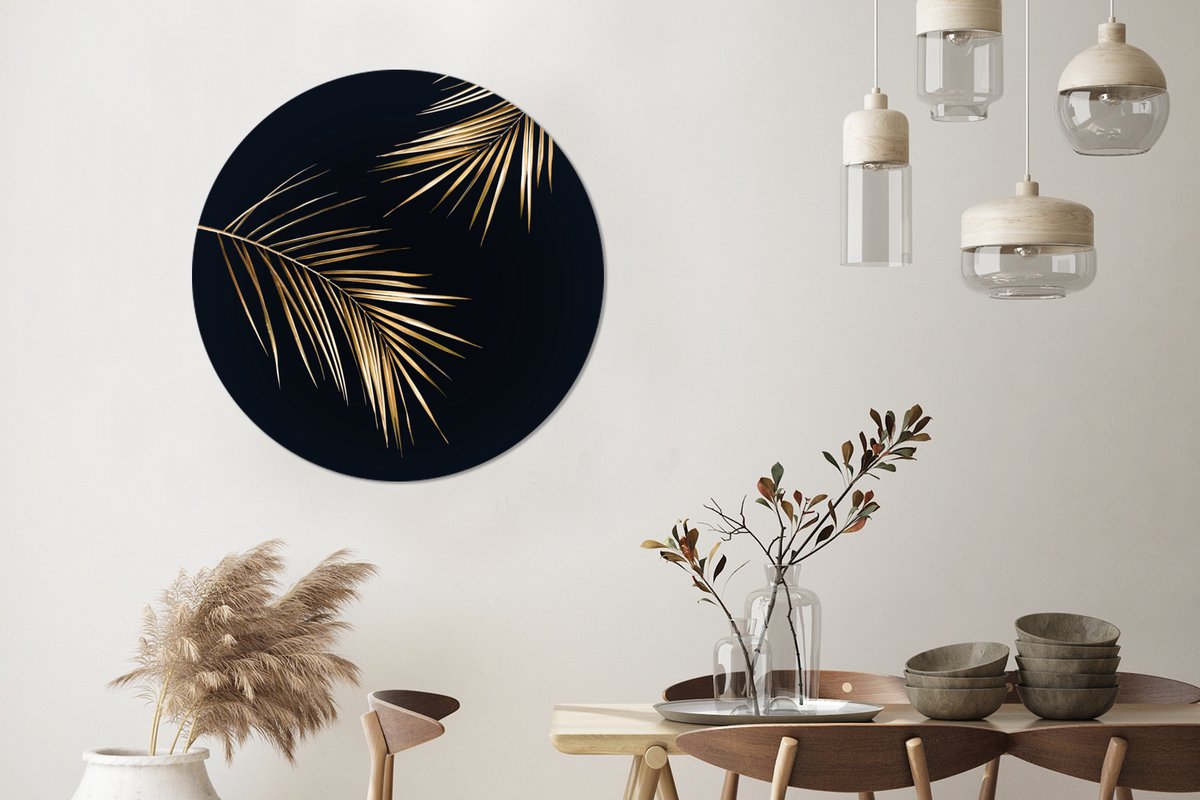 Wandcirkel bladeren - Goud - Planten - Luxe - Ronde schilderijen - Muurcirkel - Wanddecoratie rond - Ronde muurdecoratie - Woonkamer decoratie - 90x90 cm - Kamer decoratie
