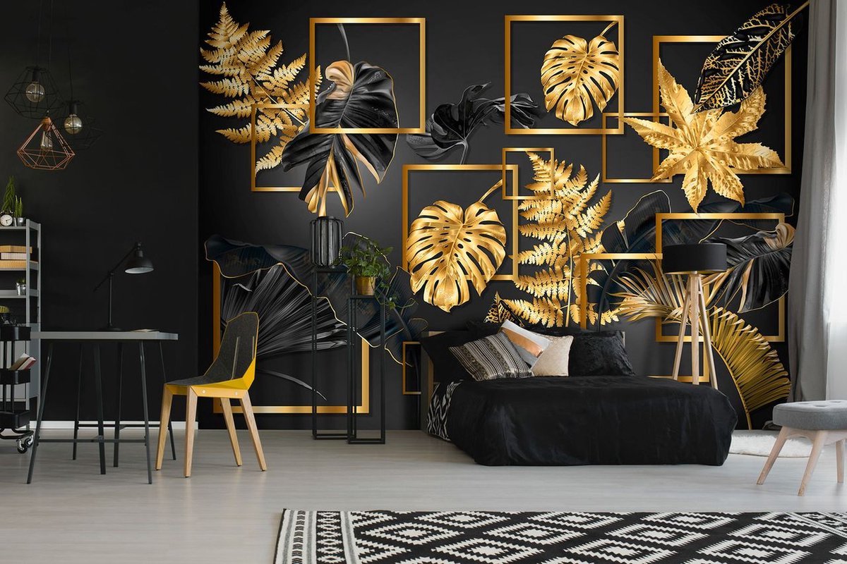 Fotobehang - Vliesbehang - Zwarte en Gouden Jungle Bladeren Kunst - 208 x 146 cm