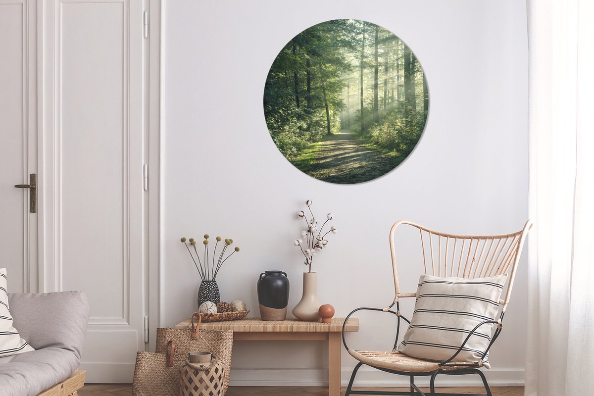WallCircle - Wandcirkel 90x90 - Bos - Pad - Zon - Bomen - Groen - Natuur - Ronde schilderijen woonkamer - Wandbord rond - Muurdecoratie cirkel - Kamer decoratie binnen - Wanddecoratie muurcirkel - Woonaccessoires