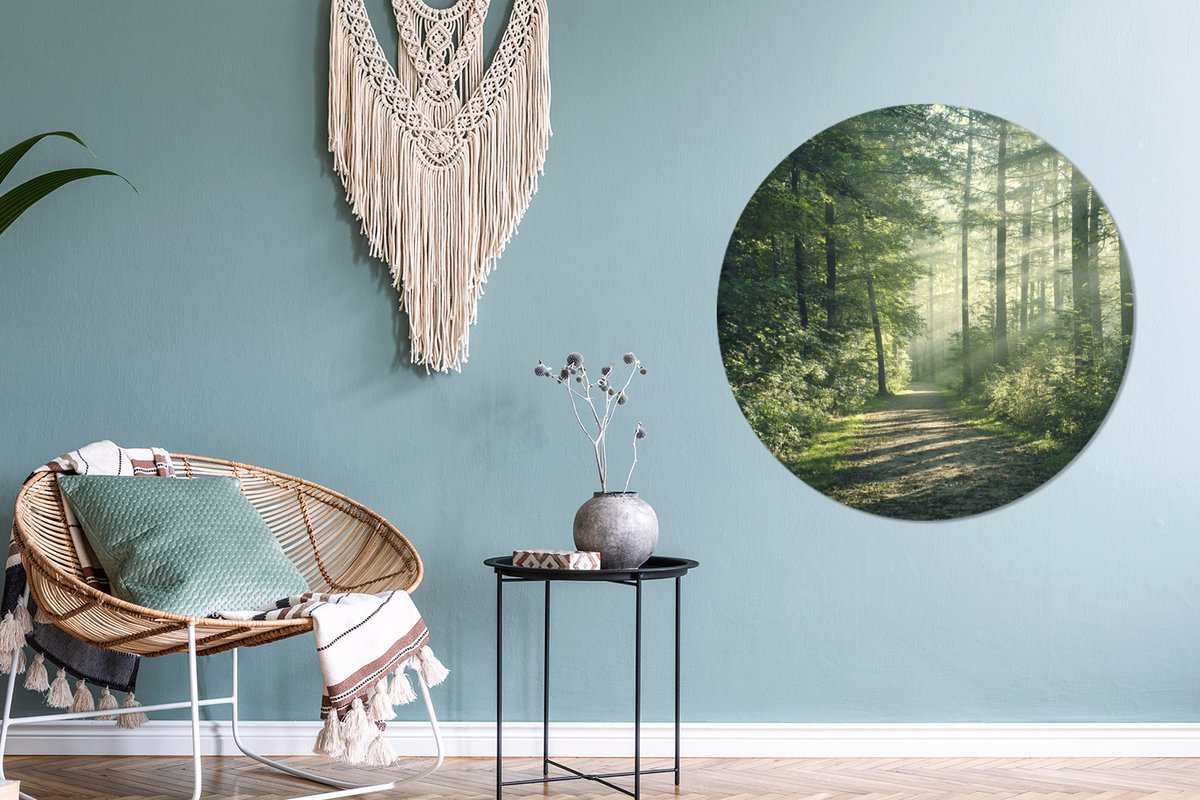 WallCircle - Wandcirkel 90x90 - Bos - Pad - Zon - Bomen - Groen - Natuur - Ronde schilderijen woonkamer - Wandbord rond - Muurdecoratie cirkel - Kamer decoratie binnen - Wanddecoratie muurcirkel - Woonaccessoires