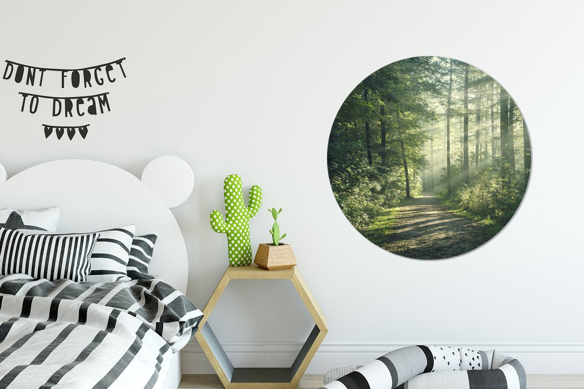 WallCircle - Wandcirkel 90x90 - Bos - Pad - Zon - Bomen - Groen - Natuur - Ronde schilderijen woonkamer - Wandbord rond - Muurdecoratie cirkel - Kamer decoratie binnen - Wanddecoratie muurcirkel - Woonaccessoires