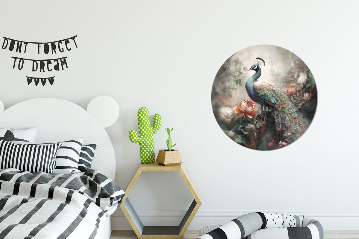 WallCircle® Wandcirkel 60x60 cm - Muurcirkel Pauw - Pauwenveren - Vogel - Bos - Jungle - Bloemen - Muurdecoratie woonkamer - Wanddecoratie slaapkamer - Kamer decoratie accessoires - Ronde schilderijen - Woonaccessoires cirkel binnen