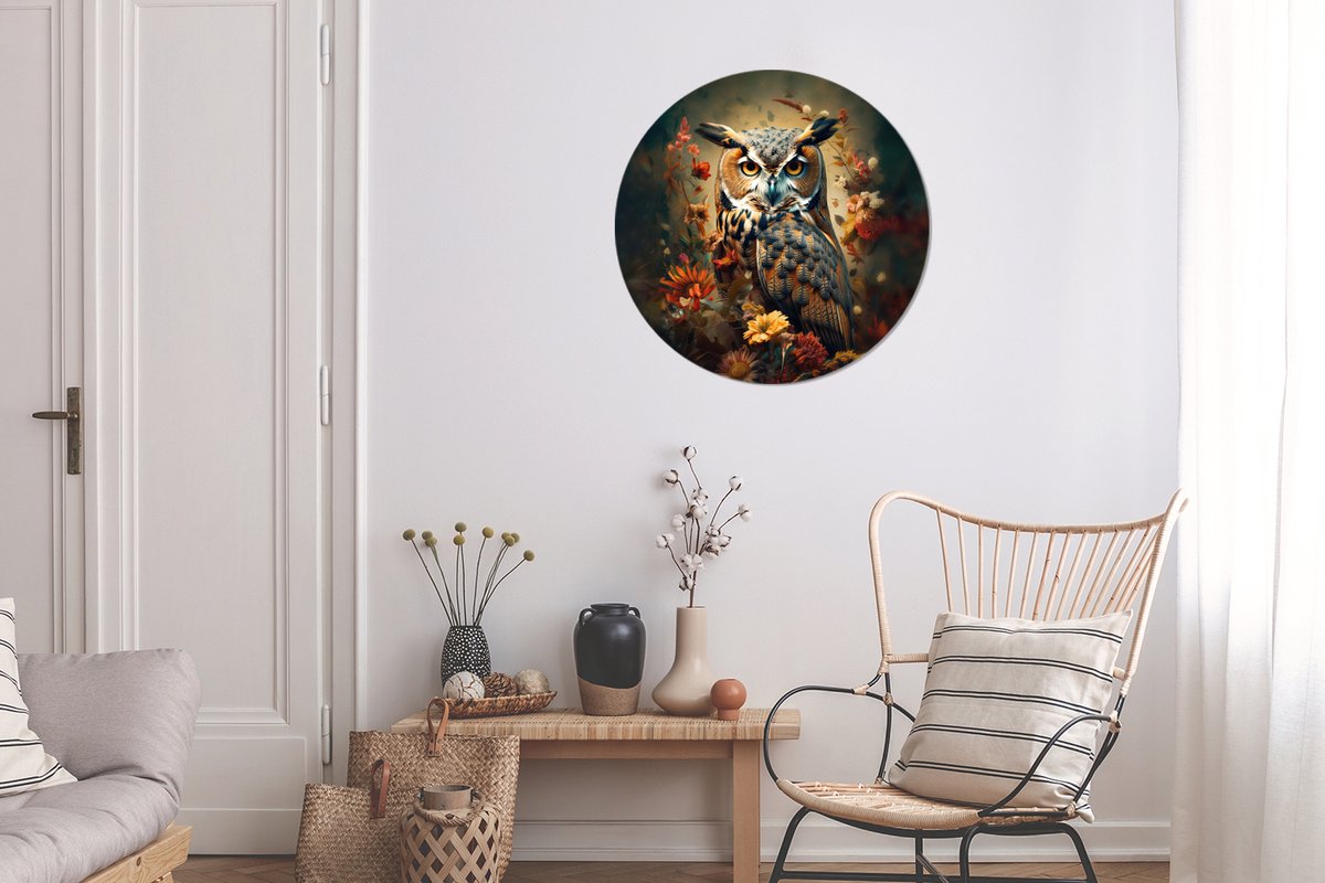 WallCircle® Muurcirkel 60x60 cm - Wandcirkel Uil - Vogel - Bloemen - Planten - Dieren - Botanisch - Muurdecoratie woonkamer - Wanddecoratie slaapkamer - Kamer decoratie accessoires - Ronde schilderijen - Woonaccessoires cirkel binnen