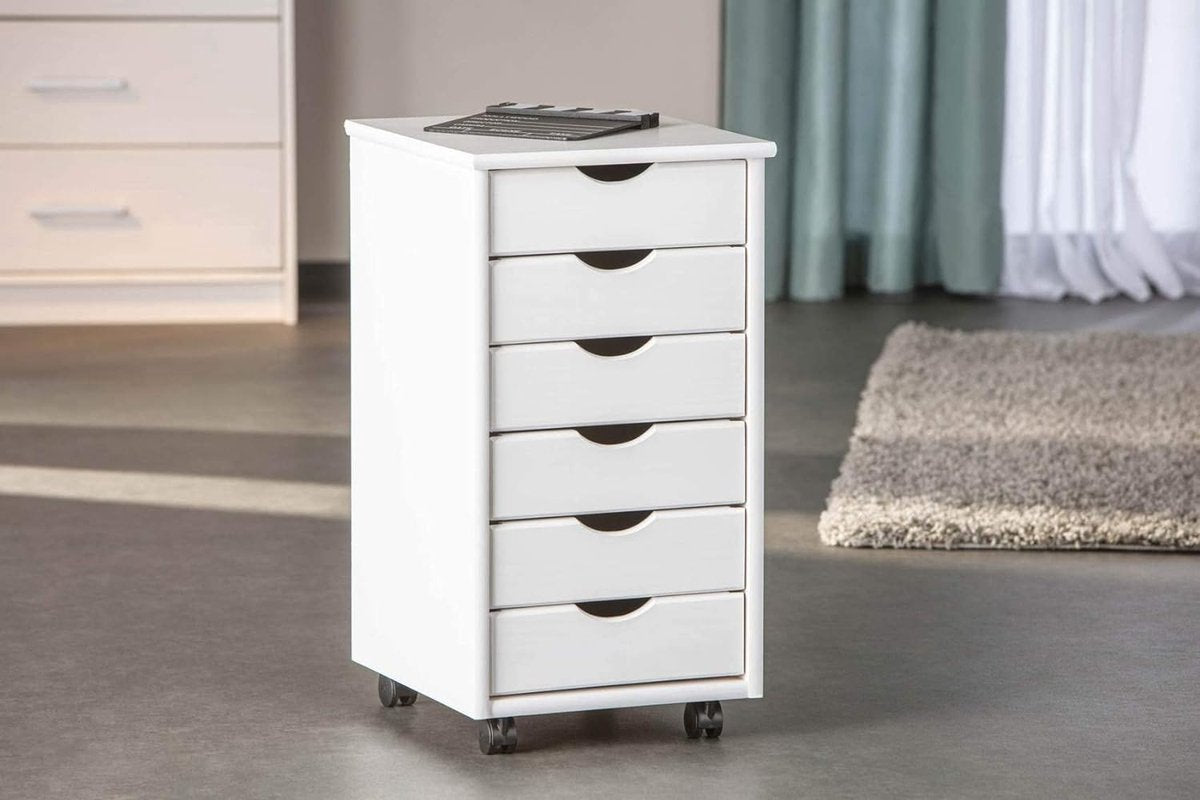 Mobile drawer cabinet with 6 drawers - Office drawer cabinet - Solid pine - White lacquered - 296x345x9 cm
