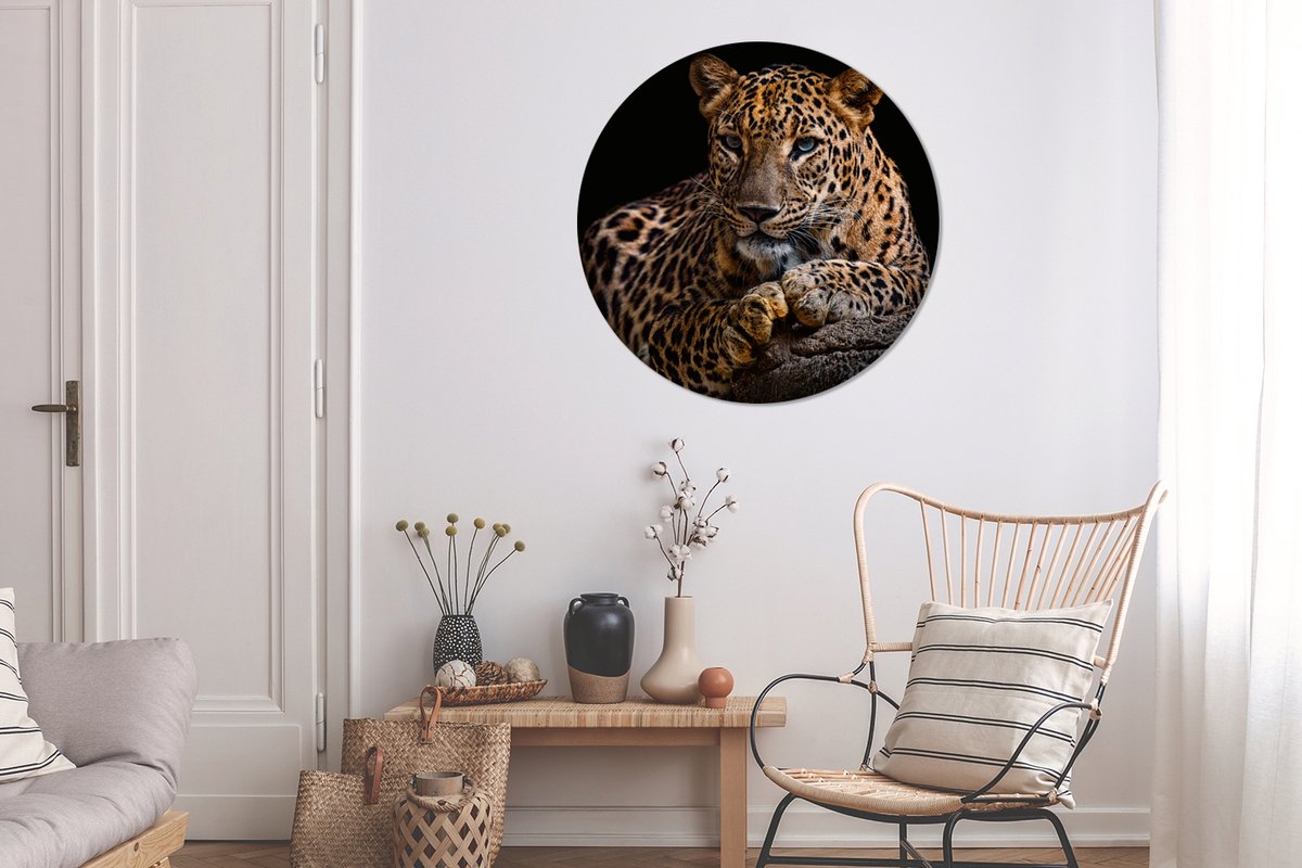 Muurcirkel - Wandcirkel dieren - Luipaard - Boomstam - Dieren - Muurdecoratie - Kunststof - 90x90 cm - Muurcirkel binnen - Ronde schilderijen - Wandcirkel