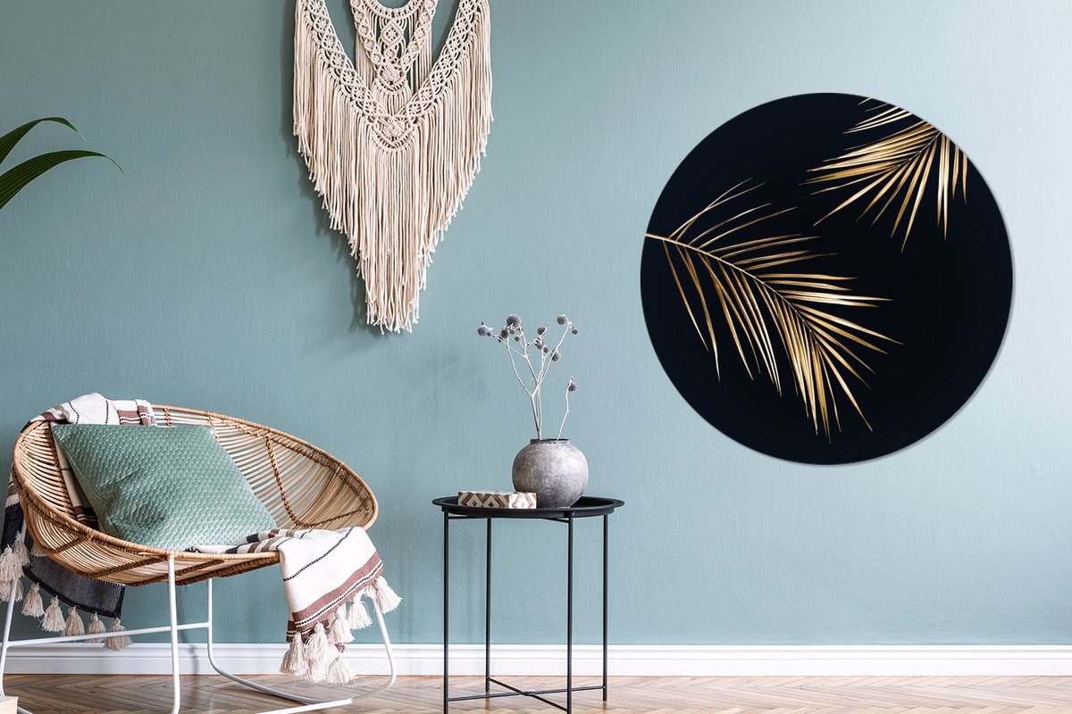 Wandcirkel bladeren - Goud - Planten - Luxe - Ronde schilderijen - Muurcirkel - Wanddecoratie rond - Ronde muurdecoratie - Woonkamer decoratie - 90x90 cm - Kamer decoratie