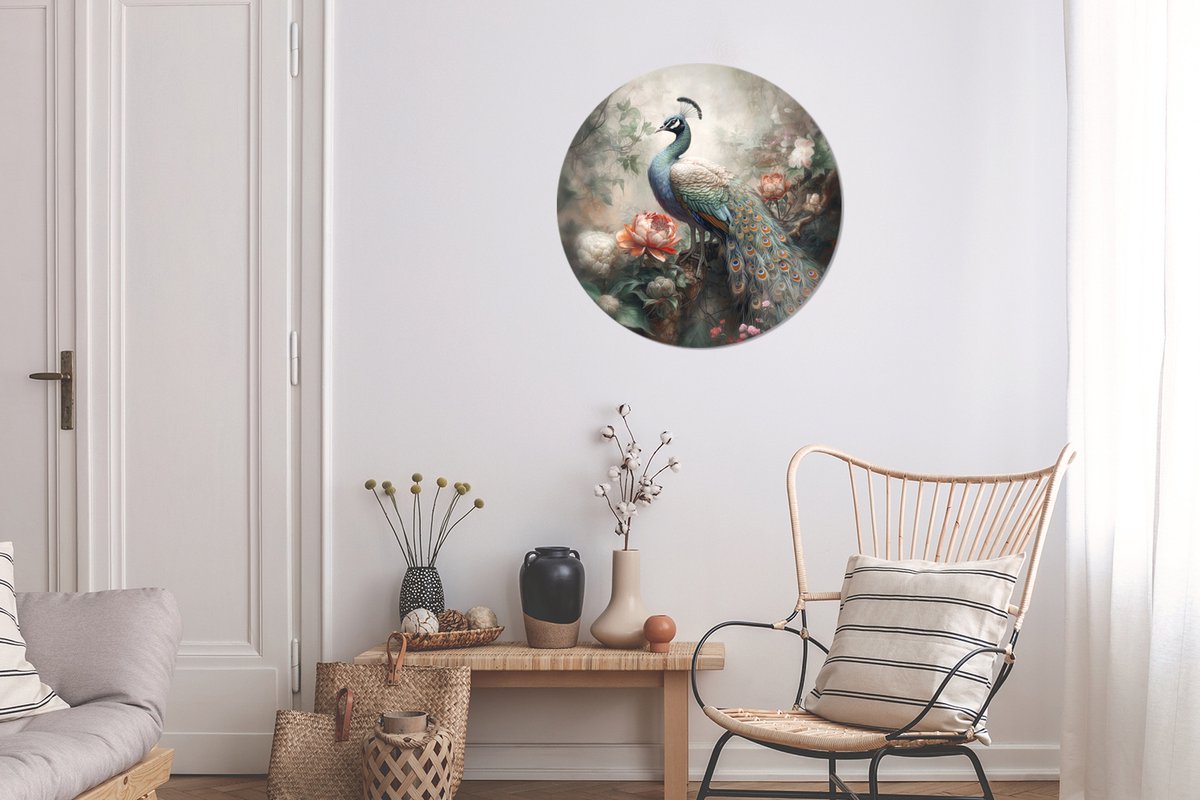 WallCircle® Wandcirkel 60x60 cm - Muurcirkel Pauw - Pauwenveren - Vogel - Bos - Jungle - Bloemen - Muurdecoratie woonkamer - Wanddecoratie slaapkamer - Kamer decoratie accessoires - Ronde schilderijen - Woonaccessoires cirkel binnen