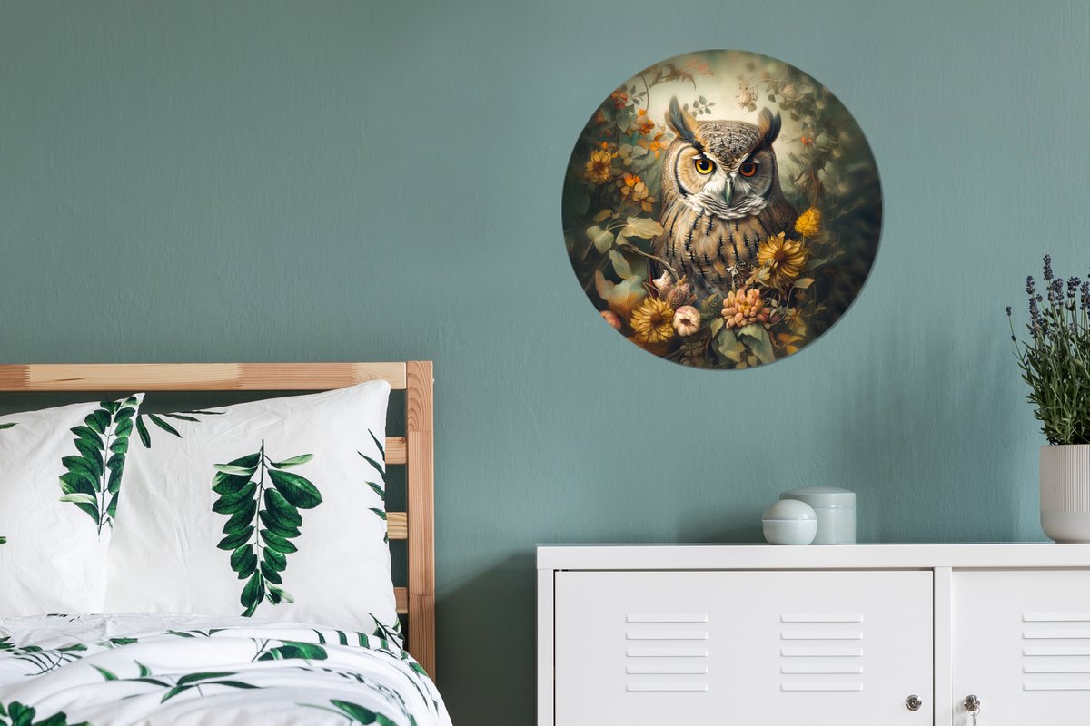 WallCircle® Wandcirkel 60x60 cm - Muurcirkel Uil - Vogels - Bloemen - Natuur - Portret - Dieren - Muurdecoratie woonkamer - Wanddecoratie slaapkamer - Kamer decoratie accessoires - Ronde schilderijen - Woonaccessoires cirkel binnen