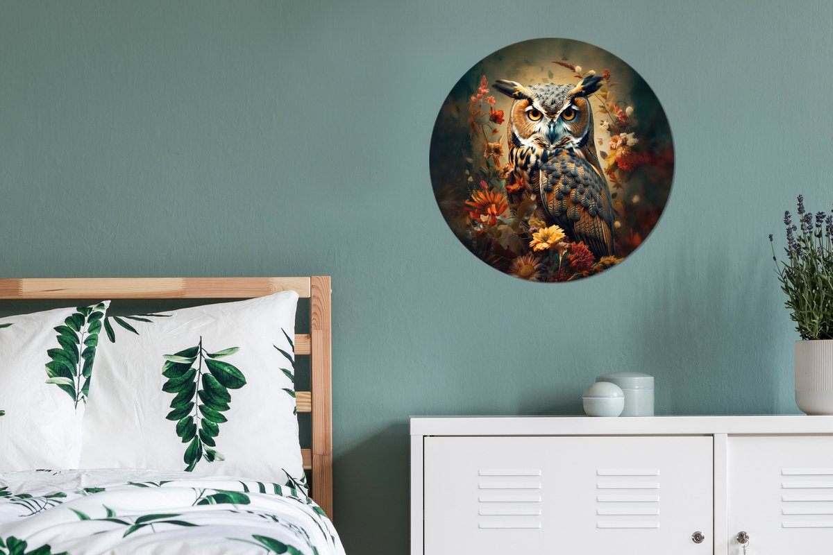 WallCircle® Muurcirkel 60x60 cm - Wandcirkel Uil - Vogel - Bloemen - Planten - Dieren - Botanisch - Muurdecoratie woonkamer - Wanddecoratie slaapkamer - Kamer decoratie accessoires - Ronde schilderijen - Woonaccessoires cirkel binnen