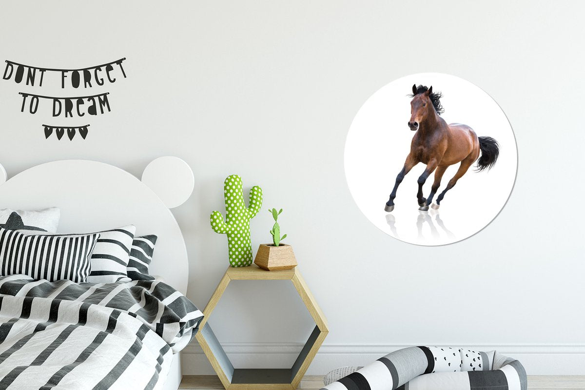 WallCircle - Wandcirkel âŒ€ 60 - Paard - Bruin - Wit - Ronde schilderijen woonkamer - Wandbord rond - Muurdecoratie cirkel - Kamer decoratie binnen - Wanddecoratie muurcirkel - Woonaccessoires