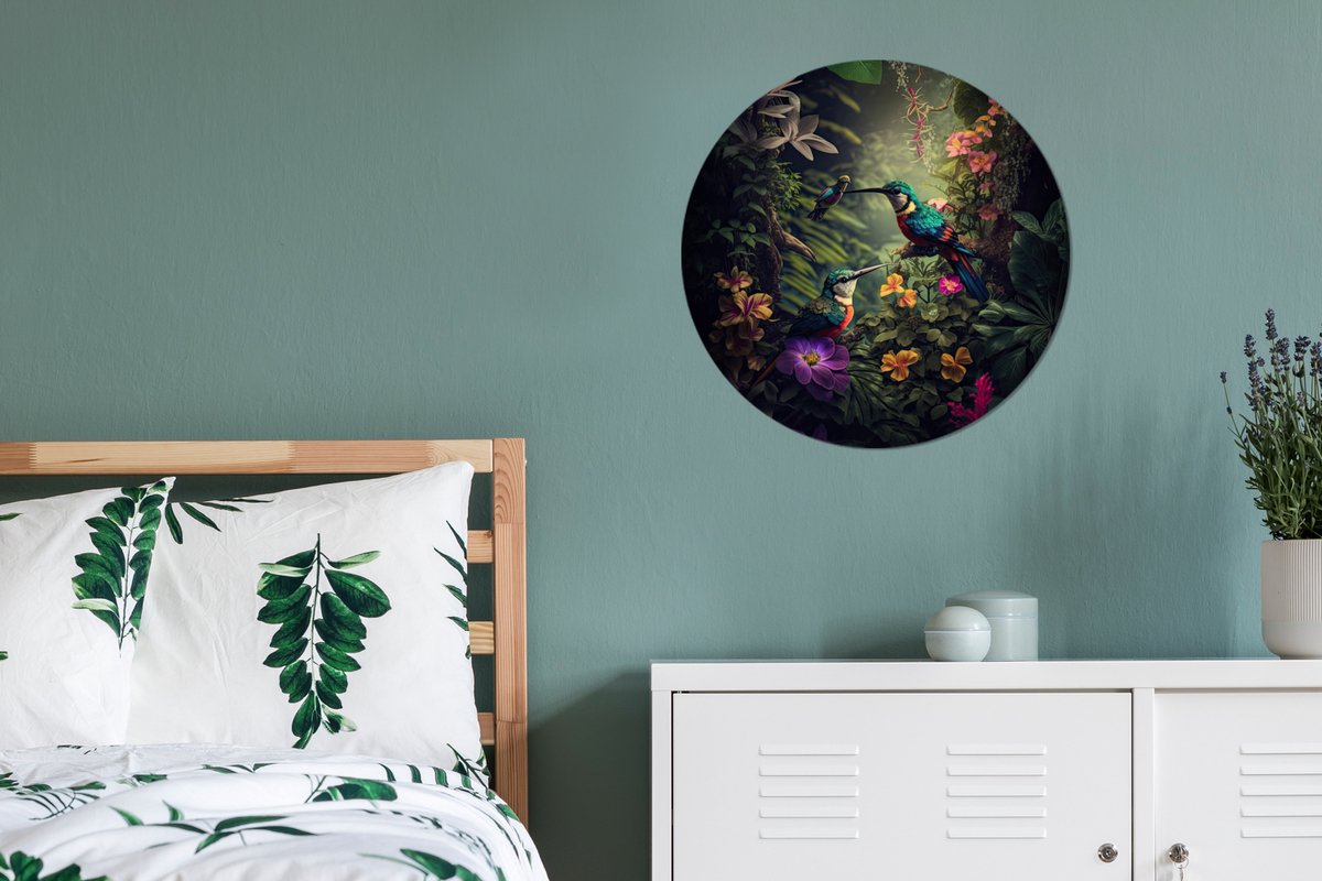 Wall circle jungle - Flowers - Plants - Tropical - Round paintings - Wall circle - Round wall decoration - 60x60 cm - Wall decoration circle - Bedroom - Room decoration