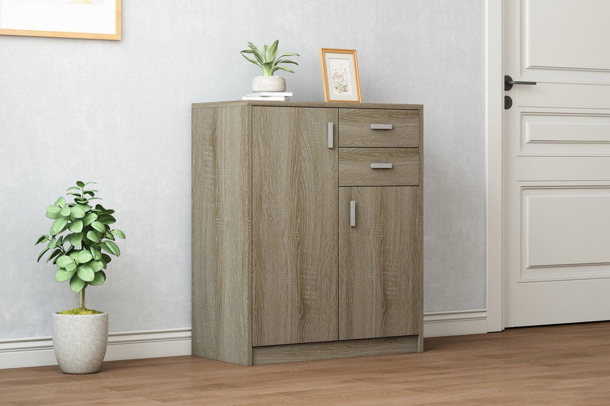 Lage kast Edwin Sonoma - Breedte 72 cm - Hoogte 84 cm - Diepte 36 cm - Met laden - Met planken - Met draaideuren