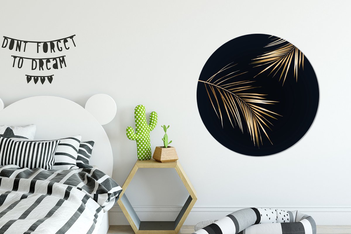 Wandcirkel bladeren - Goud - Planten - Luxe - Ronde schilderijen - Muurcirkel - Wanddecoratie rond - Ronde muurdecoratie - Woonkamer decoratie - 90x90 cm - Kamer decoratie