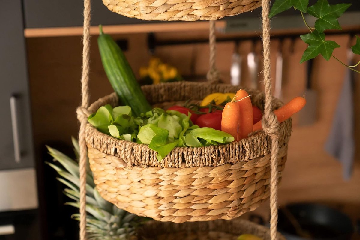 Hangende Fruitmand XXL - Etagère met 3 Manden van Waterhyacint - Fruitrek voor het bewaren van Groenten en Fruit