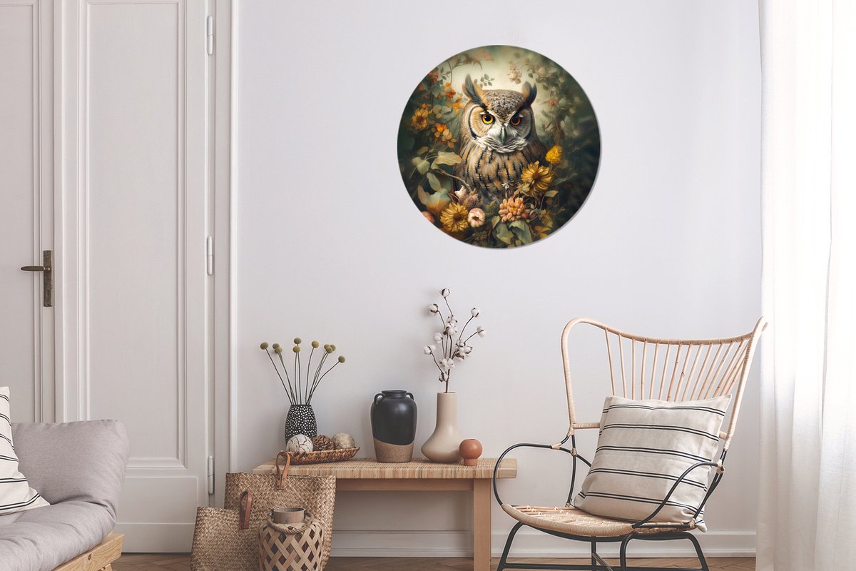 WallCircle® Wandcirkel 60x60 cm - Muurcirkel Uil - Vogels - Bloemen - Natuur - Portret - Dieren - Muurdecoratie woonkamer - Wanddecoratie slaapkamer - Kamer decoratie accessoires - Ronde schilderijen - Woonaccessoires cirkel binnen