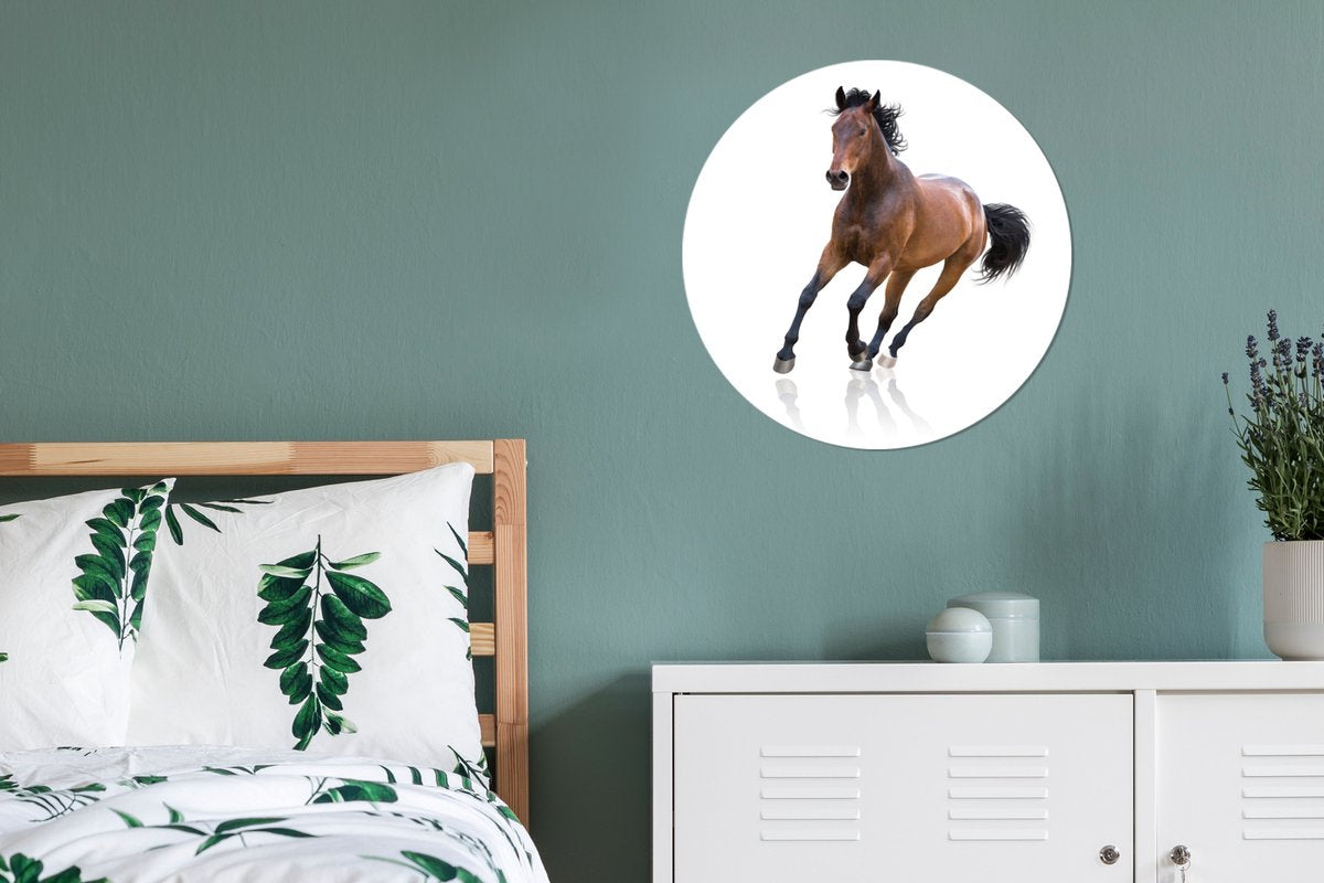 WallCircle - Wandcirkel âŒ€ 60 - Paard - Bruin - Wit - Ronde schilderijen woonkamer - Wandbord rond - Muurdecoratie cirkel - Kamer decoratie binnen - Wanddecoratie muurcirkel - Woonaccessoires