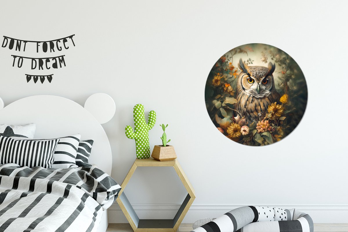 WallCircle® Wandcirkel 60x60 cm - Muurcirkel Uil - Vogels - Bloemen - Natuur - Portret - Dieren - Muurdecoratie woonkamer - Wanddecoratie slaapkamer - Kamer decoratie accessoires - Ronde schilderijen - Woonaccessoires cirkel binnen